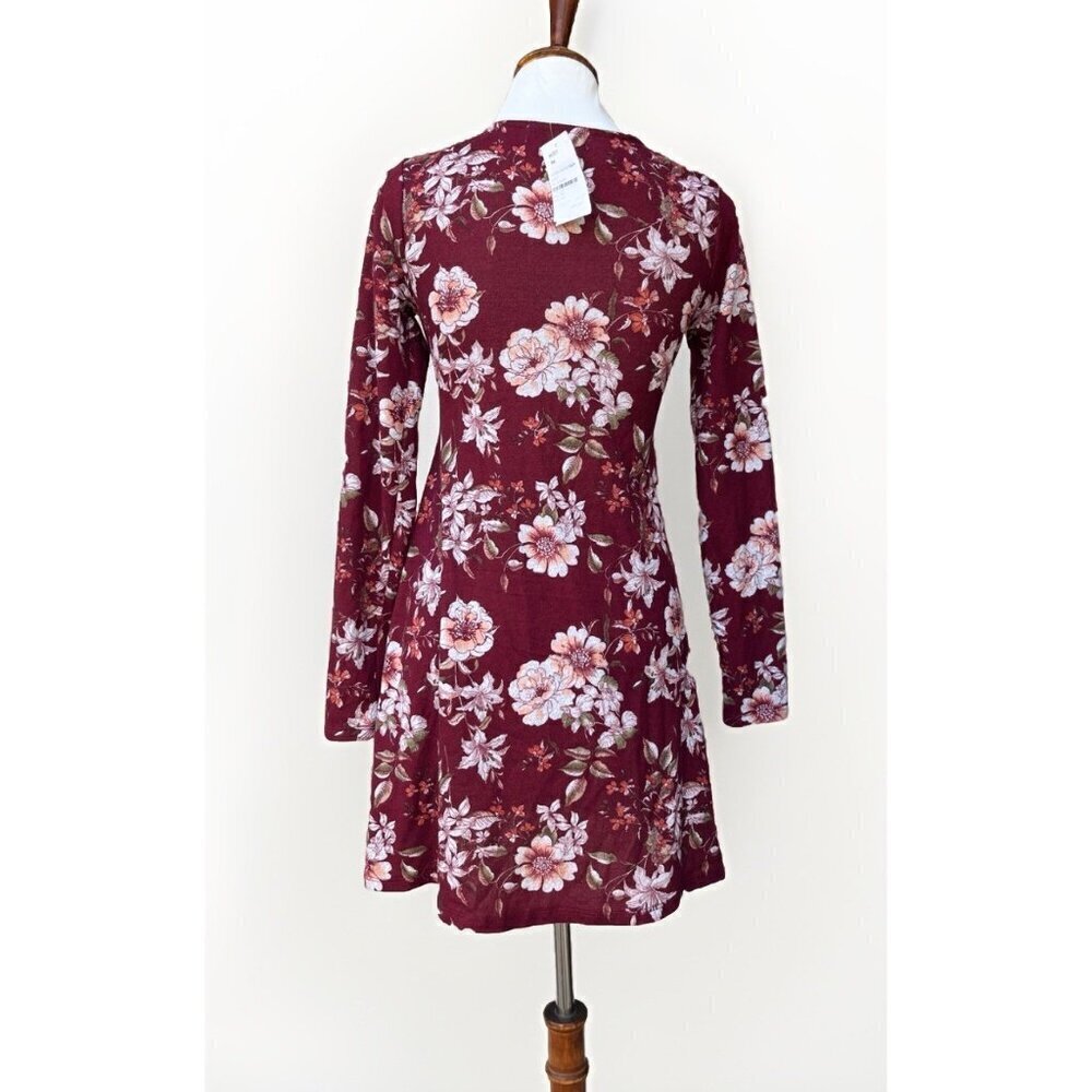 PLANET GOLD Women's Red Zinfandel Floral Long Sleeve Dress Size M Crisscross V-N - Picture 10 of 14